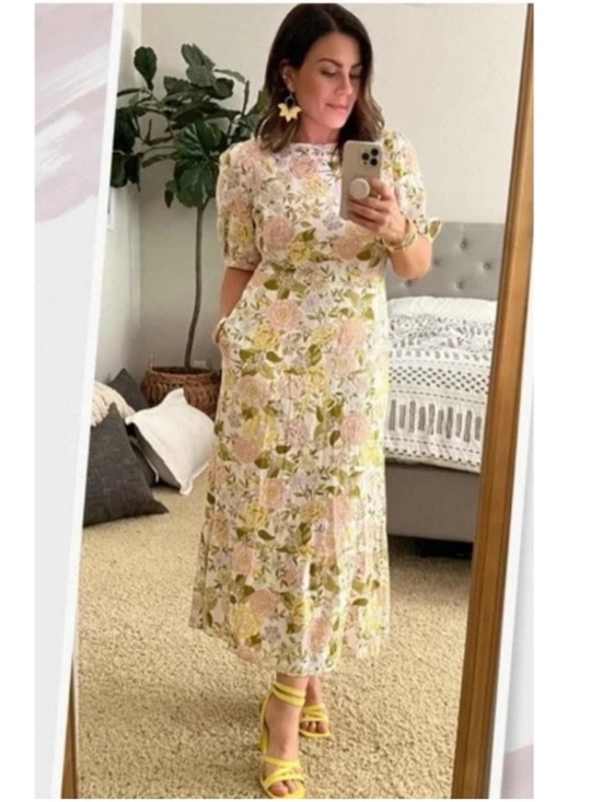 Who What Wear Dresses & Skirts - Who What Wear Small Linen Floral Tie Back Midi Dress Puff Sleeves & Side Pockets